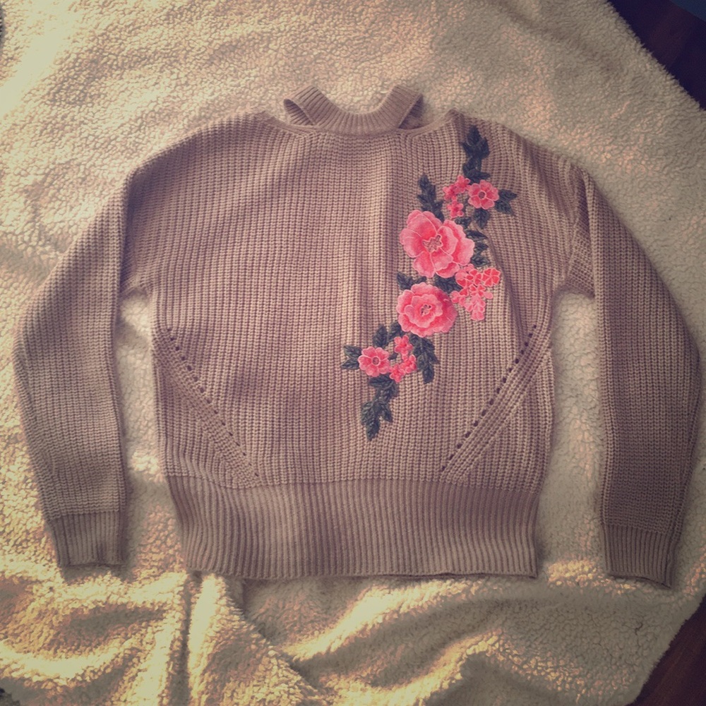 Cold shoulder taupe sweater